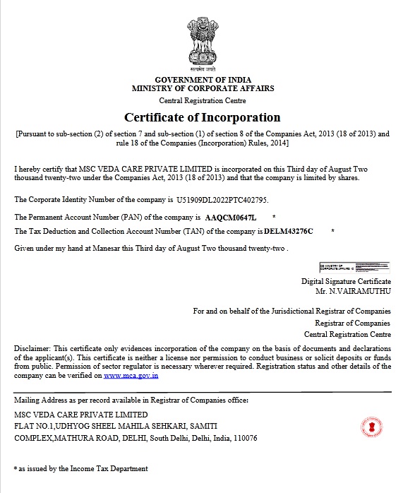 INCORPORATION CERTIFICATE