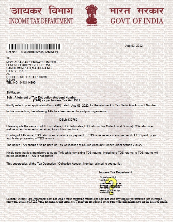 TAN CERTIFICATE